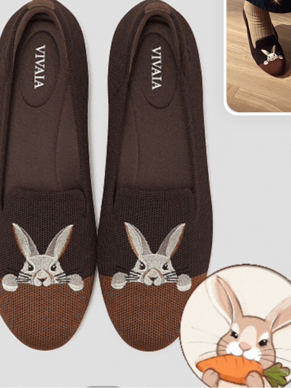 VIVAIA Round-Toe Embroidered Bunny Loafers (Audrey) Chocolate Brown Women US 9,5